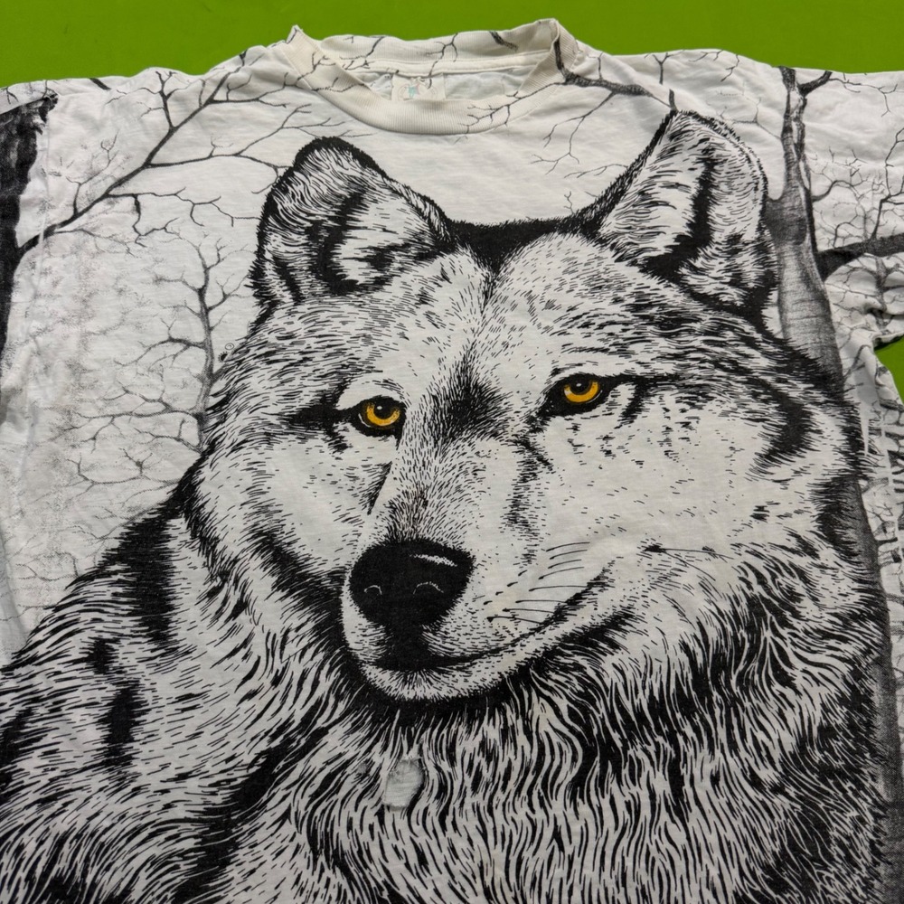 Vintage Caribbean Dream Wolf All Over Print T-Shirt XL White Nature 90s Graphic